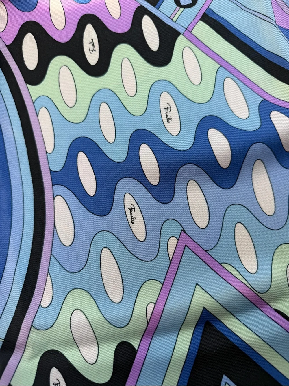 Emilio Pucci Vivara 70s Silk Geometric Pattern Scarf in Blue and Lavender 34x34”